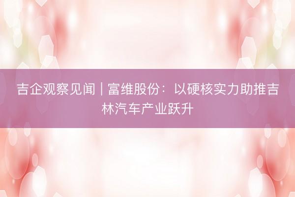 吉企观察见闻 | 富维股份：以硬核实力助推吉林汽车产业跃升
